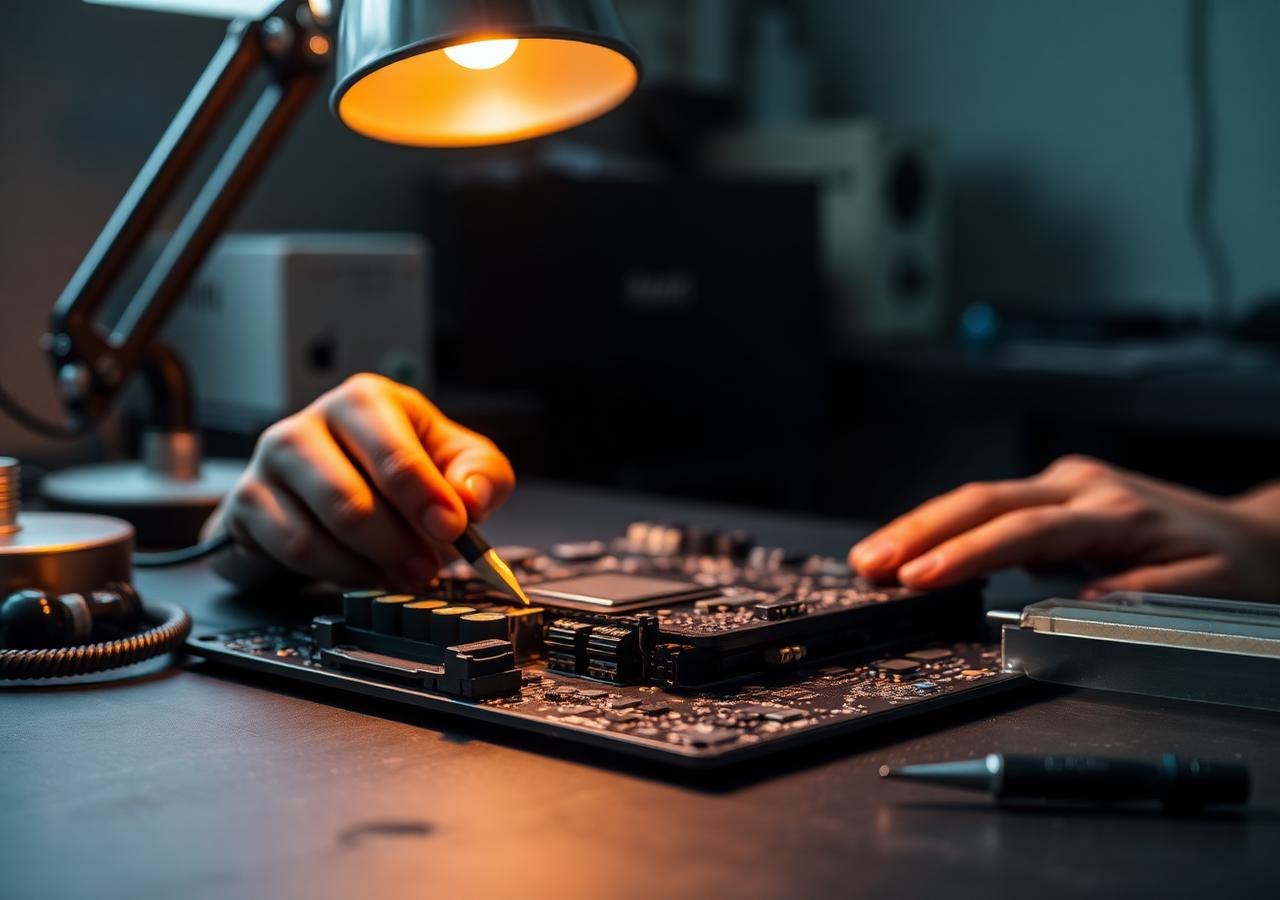 Ironvale technician performing board-level repair on a laptop mainboard